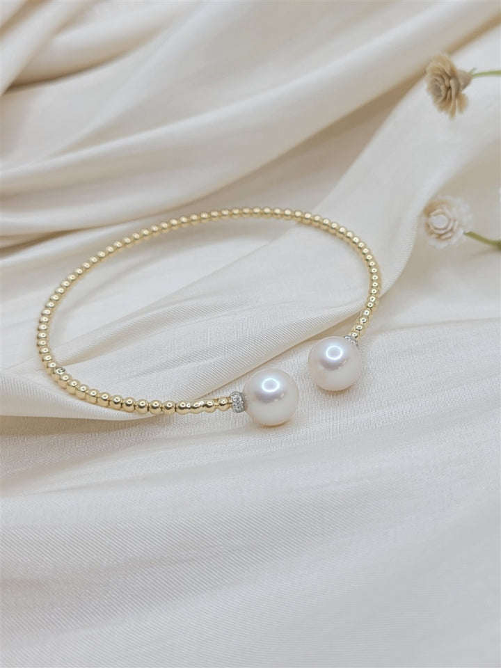 14K Yellow Gold Bujukan Diamond And Pearl Split Bangle