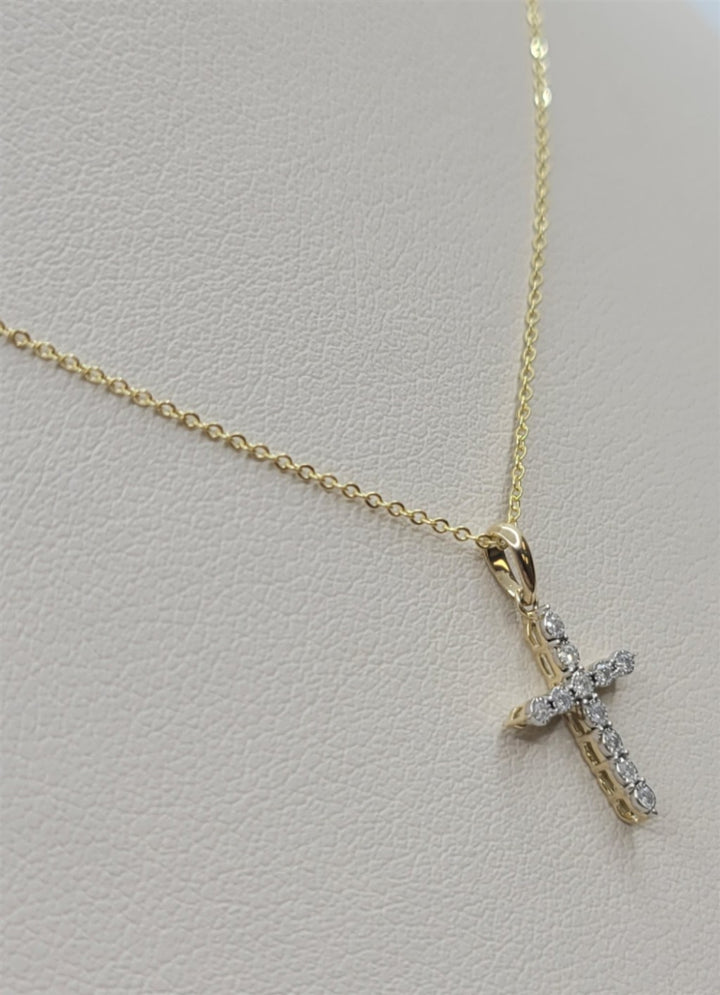18" 14K Yellow Gold Petite Illusion Set Diamond Cross Necklace