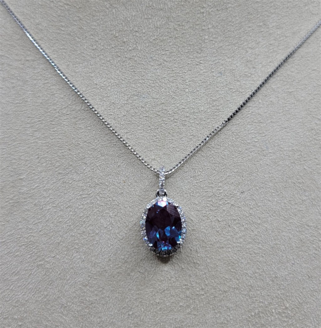 14K White Gold Lab Created Alexandrite & Diamond Gemstone Necklace