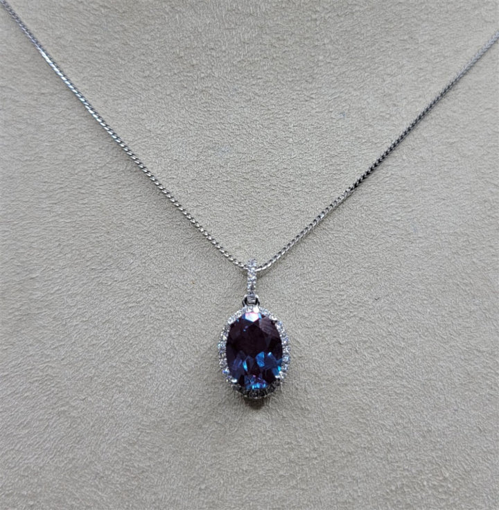 14K White Gold Lab Created Alexandrite & Diamond Gemstone Necklace