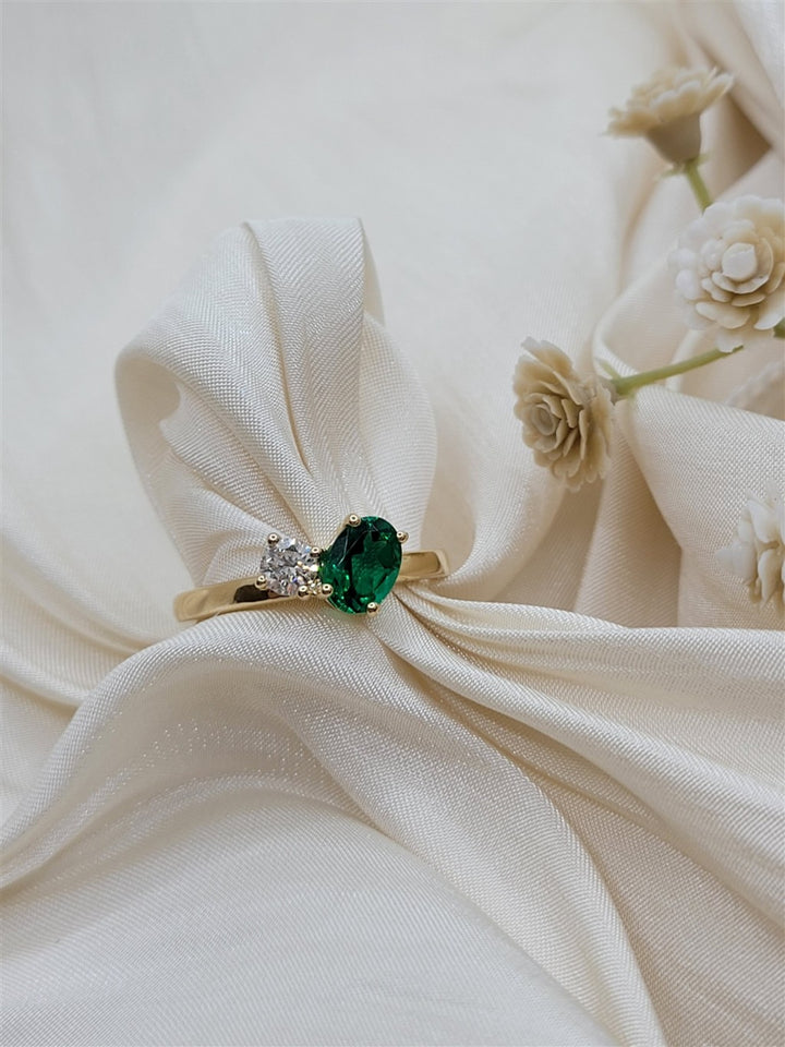 14K Yellow Gold Lab Grown Diamond & Emerald Fashion Ring