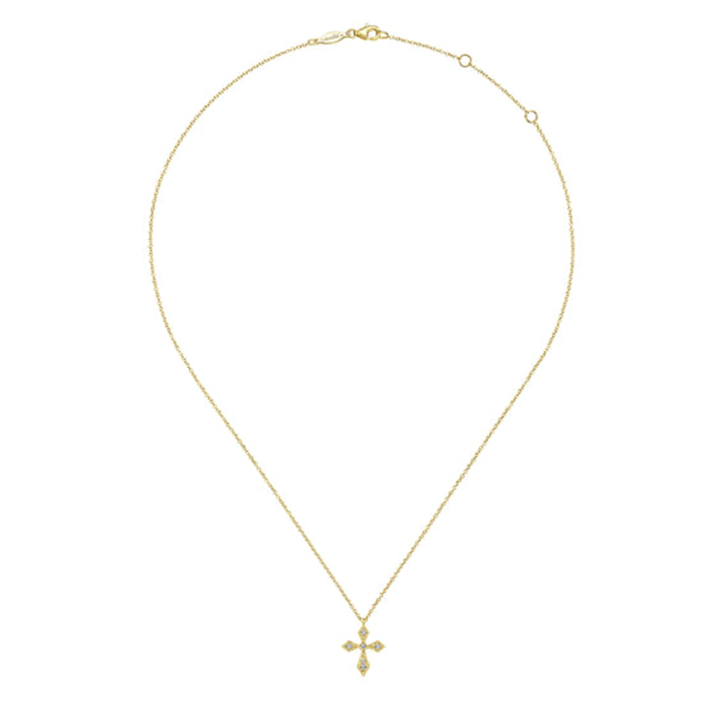 17.5" Vintage Inspired 14K Yellow Gold Pointed Diamond Cross Pendant Necklace