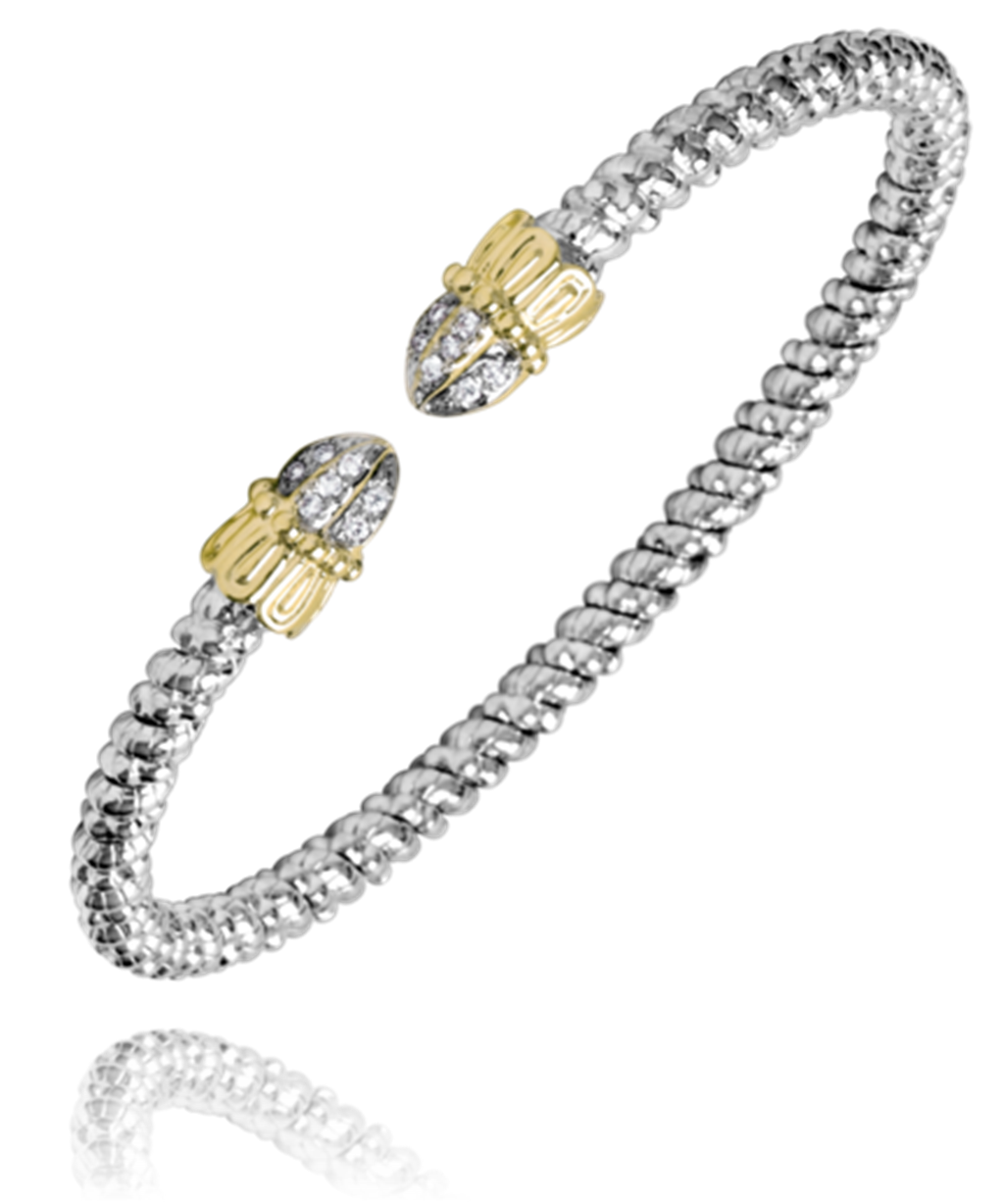 "Vahan" 14K & Sterling Silver 3mm Diamond Open Bangle Bracelet