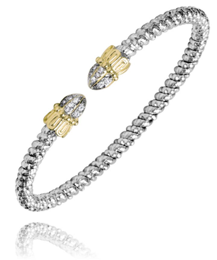 "Vahan" 14K & Sterling Silver 3mm Diamond Open Bangle Bracelet