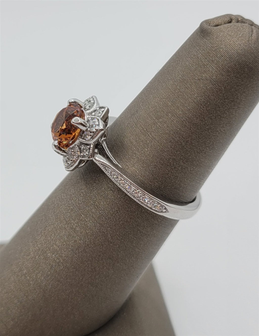 14K White Gold Spessartite Garnet & Diamond Vintage Ring