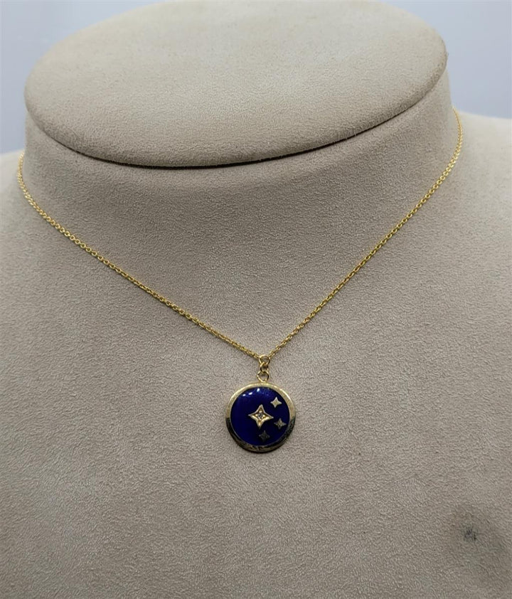 14K Yellow Gold Blue Enamel Fashion Star  Necklace