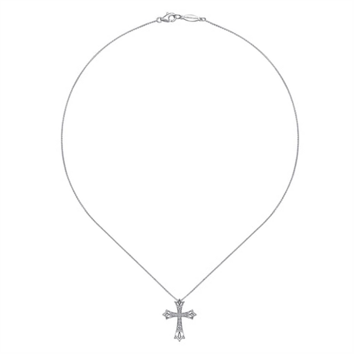 16" 14K White Gold Intricate Openwork Diamond Cross Necklace