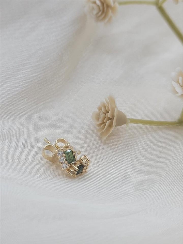 14K Yellow Gold Green Sapphire And Diamond Stud Earrings