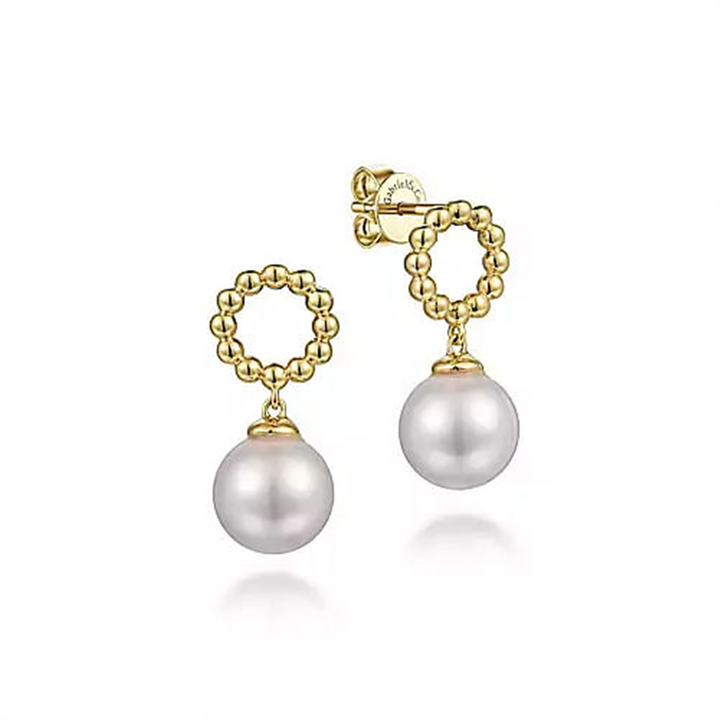 14K Yellow Gold Pearl Dangle Gold Earrings