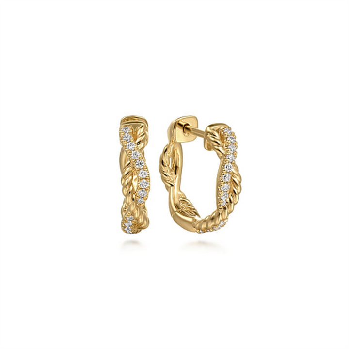 14K Yellow Gold Twisted Diamond Hoop Earrings