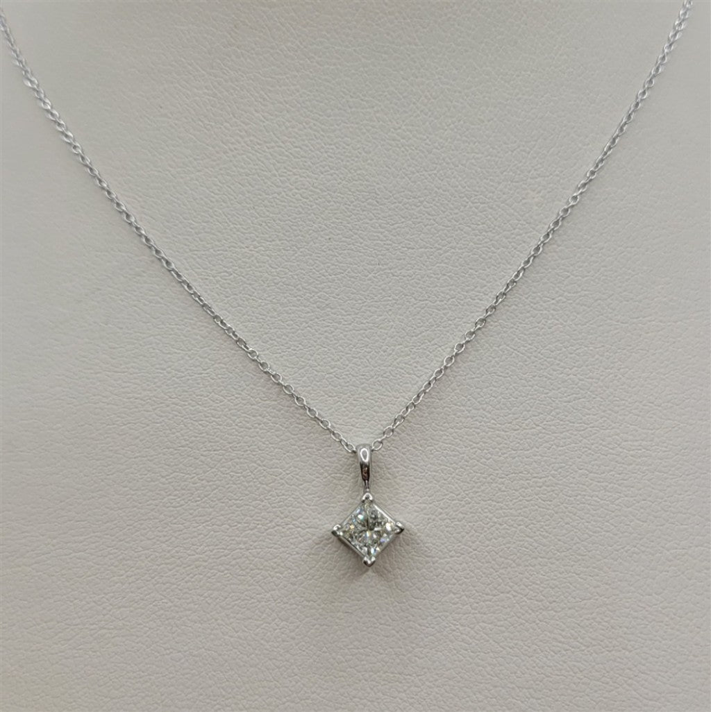 14K White Gold Turned Princess Diamond Solitaire Necklace