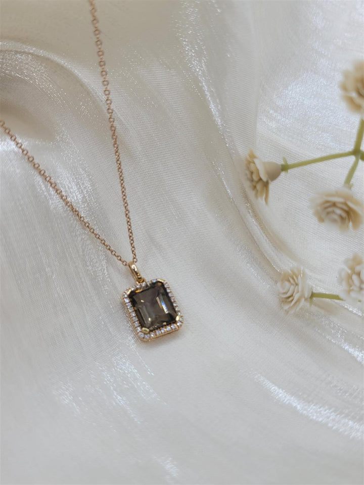 14K Rose Gold Smoky Quartz & Diamond Gemstone Necklace